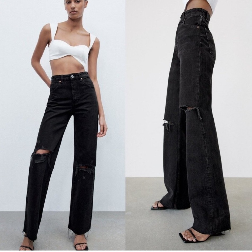 Zara black ripped wide leg jeans